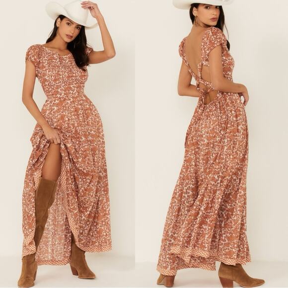 Free People Ultraviolet Maxi Dress in Tea Combo Size Large Prairie Cut Out Back - Picture 12 of 16